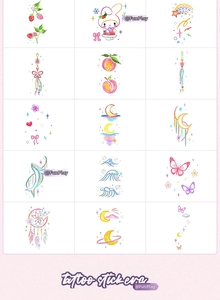 Set of 15 colorful hand-drawn temporary tattoos with cute animals and fruit designs