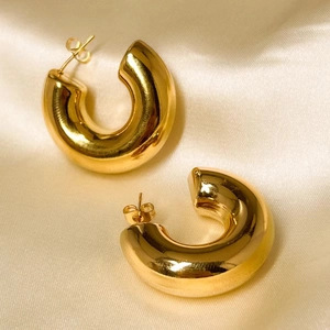 C-Shape Hoop Earrings 18K Gold Plated Stainless Steel Chunky Polished Minimalist Retro Style For Women