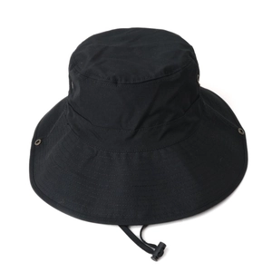 Detail of black wide brim sun hat with side metal vents and adjustable chin strap