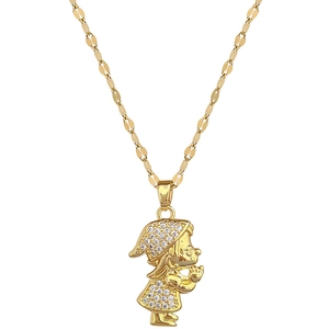 Golden titanium steel necklace featuring a praying girl pendant with shiny zircons