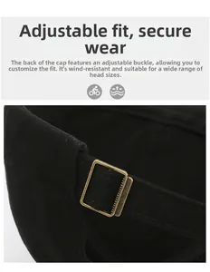 Detail of adjustable metal buckle on black distressed baseball cap for a secure fit