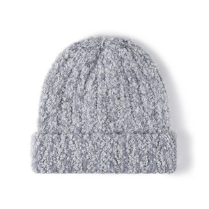 Thick grey knitted winter beanie for men and women with soft plush texture and cuffed design
