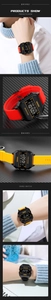 Detail of square SKMEI sports watch showing digital display and colorful silicone bands