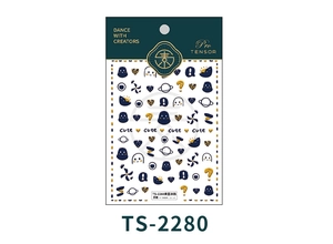 Macro detail of TS-2280 embossed nail stickers with navy and gold graffiti art