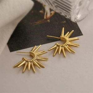 Detailed view of gold-plated C-shaped earrings with a radiant geometric spike design
