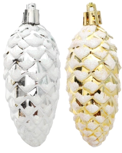 Close-up of gold and silver pine cone ornaments with a frosted snow finish and metal caps