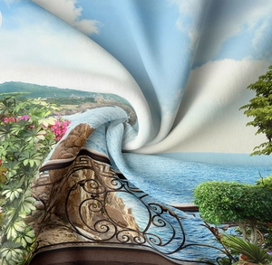 Detail showing the fine texture and high-definition Mediterranean landscape printing on the fabric