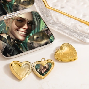 Macro view of golden heart locket pendant with open photo slot and floral engraving