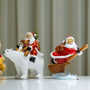 Handcrafted resin Santa Claus figurines with polar bear and broom for Christmas decor