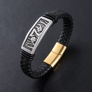 Men's braided leather bracelet with silver totem plate and golden magnetic clasp
