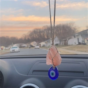 Pink crystal and blue evil eye wall hanging decor with braided jute rope for home or car