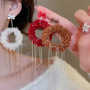 Plush Ring Tassel Earrings With 925 Sterling Silver Earring Post Bow Knot Winter Christmas Long Dangle For Women