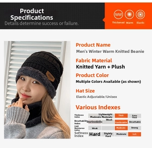 Detail view of winter knitted beanie set with thick plush lining and soft neck warmer