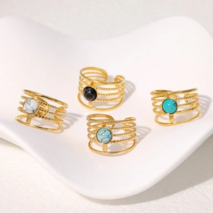 Multi Layer Open Adjustable Ring Gold Plated Stainless Steel Natural Stone Turquoise Bohemian Vintage Style For Women