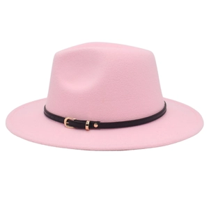 Close-up of pink wool felt jazz hat featuring a black leather belt and gold buckle detail