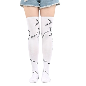 Detail view of white over-the-knee socks with black stitch patterns for cosplay costumes