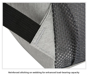 Detail of reinforced bartack stitching on the grey insulated backpack strap for durability
