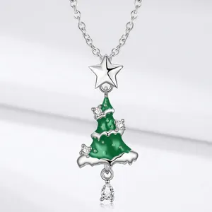 925 Sterling Silver Christmas Tree Pendant Necklace With Green Enamel Star Rhinestone Sparkling Jewelry Gift For Women