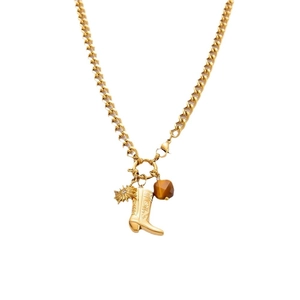 Gold stainless steel necklace with cowboy boot, starburst, and brown bead pendants