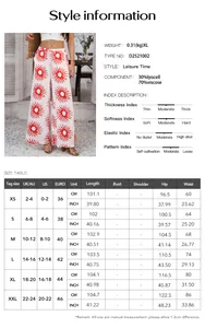 Tableau des tailles détaillé pour pantalons bohèmes avec mesures UK, US et européennes