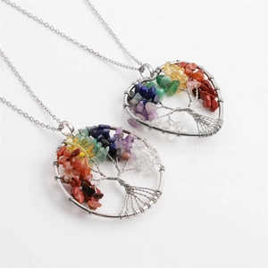 Tree Of Life Heart Round Pendant Necklace Handmade Wire Wrapped Colorful Stone Stainless Steel Chain Spiritual Jewelry