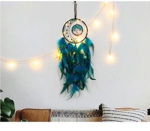 Detail of handmade Tree of Life dream catcher with turquoise beads and teal feathers