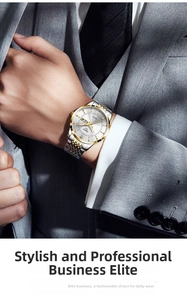 Close-up of men's two-tone business watch with white dial and steel mesh bracelet