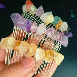 Natural Amethyst Citrine Crystal Hair Comb Irregular Raw Stone Handmade Wire Wrapped Metal Hair Accessory Bohemian Bridal Headpiece