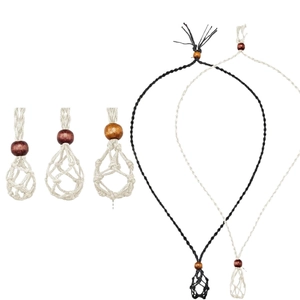 Adjustable crystal stone holder necklace in black and beige woven rope with wooden beads