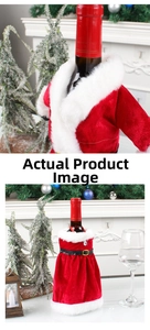 Detail of red velvet Christmas wine bottle covers with white plush trim and belt