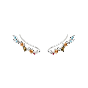 S925 silver ear crawler earrings featuring multicolored geometric zircon stones on white
