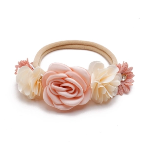 Floral baby headband with pink satin rose and cream chiffon flowers on soft nylon strap