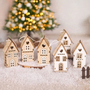 Set of 6 rustic wooden Christmas house hanging ornaments in natural and white wood finish
