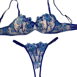 French style floral embroidered mesh lingerie set with underwire in royal blue color