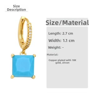 Detail showing square turquoise drop earring with 18K gold plating and zircon inlay