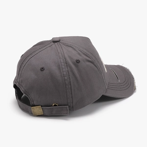 Distressed dark grey cotton baseball cap with 3D embroidery and adjustable metal buckle