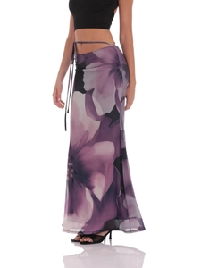 Elegant purple floral mesh maxi skirt with flowing double-layer tie-waist design