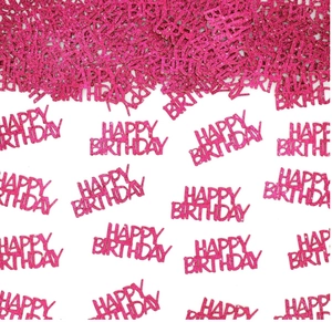 Detail of pink glitter Happy Birthday confetti sequins for festive party table decoration
