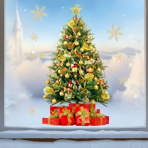 Adesivi natalizi per finestre con albero verde, regali rossi e fiocchi d'oro