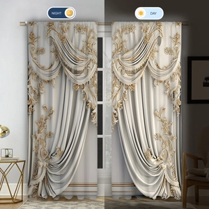 Detailed comparison of luxury floral curtains under day and night lighting conditions