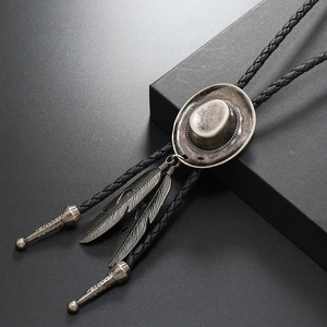 Western cowboy hat bolo tie with black braided leather rope and metal feather charms