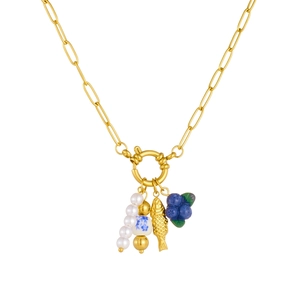 Collier trombone doré avec perle, perle céramique, pendentifs poisson et baies