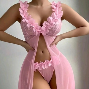 Sexy Lace Mesh Nightgown And Panties V Neck Sheer Sleepwear With 3D Floral Petals Backless Sleep Dress