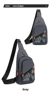 Detail view of grey camouflage sling bag featuring vibrant orange zipper accents and logo