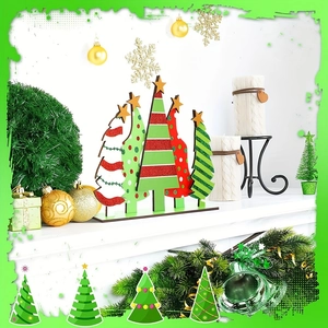 Festive wooden Christmas tree signs with glitter and patterns on a decorated mantelpiece