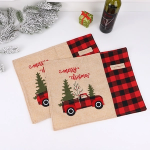 Christmas burlap table mats with red black plaid and truck embroidery pattern set