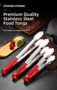 Three sizes of stainless steel food tongs with red non-slip handles for BBQ and kitchen use