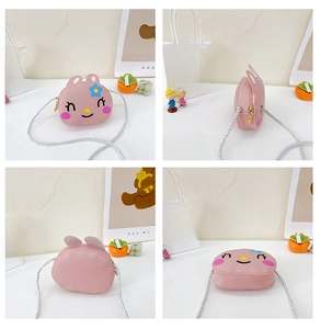 Pink cartoon rabbit crossbody bag for girls with cotton rope strap and zipper detail