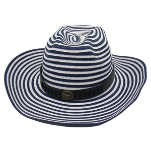 Detail of blue and white striped straw hat with leather band and gold bull head emblem