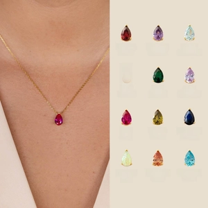 Gold stainless steel teardrop birthstone necklace with 12 monthly gemstone options
